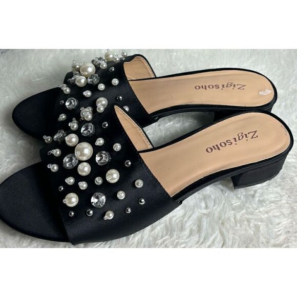 Zigi Soho Edina Black/ Pearl Accent Open Toe Dress Shoes - Picture 4 of 6